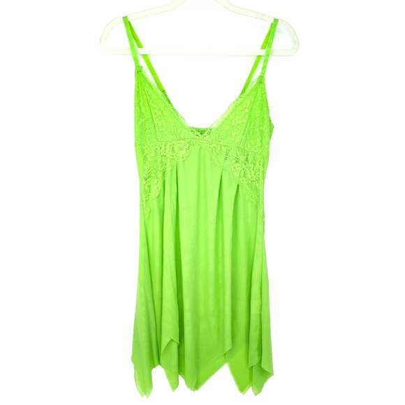 Y2K Neon Green Babydoll Fairy Mesh Lace Asymmetrical Hem Whimsigoth Slip Dress S - Picture 1 of 13